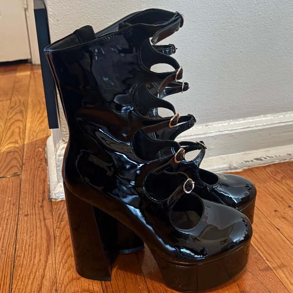 Women's Black Patent Platform Ankle Boots